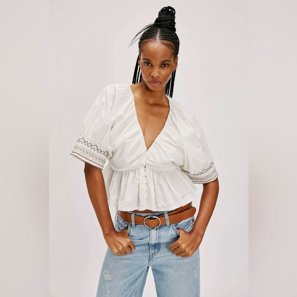 New Free People Where We Meet Smocked Blouse Top Embroidered White M